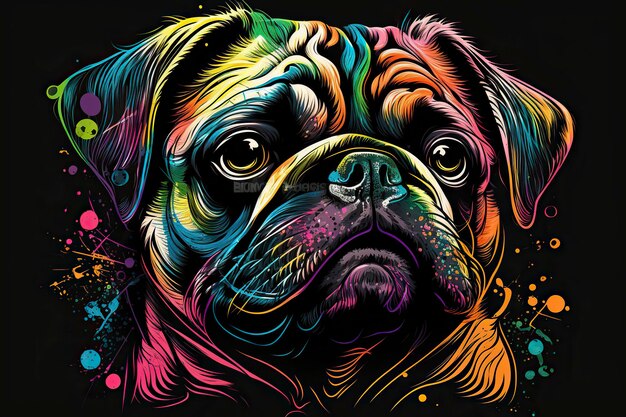 Photo pug in neon colors generative ai