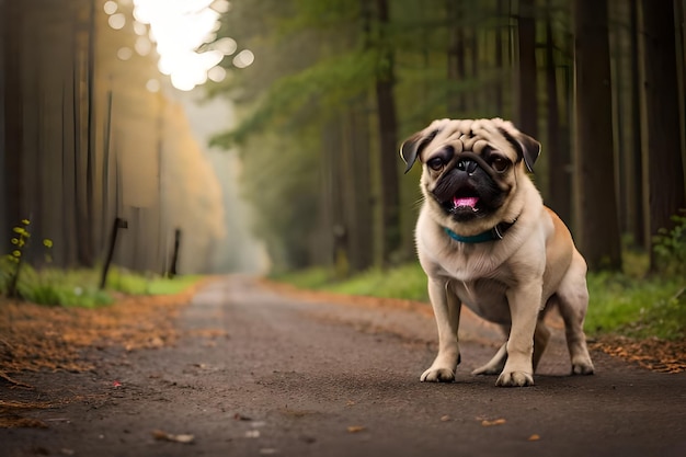 A pug sits on a road in the woods with a red ribbon.