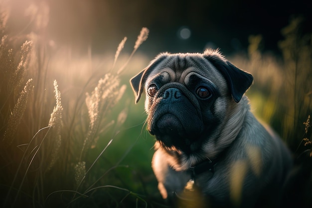 pug on a sunny day in the field