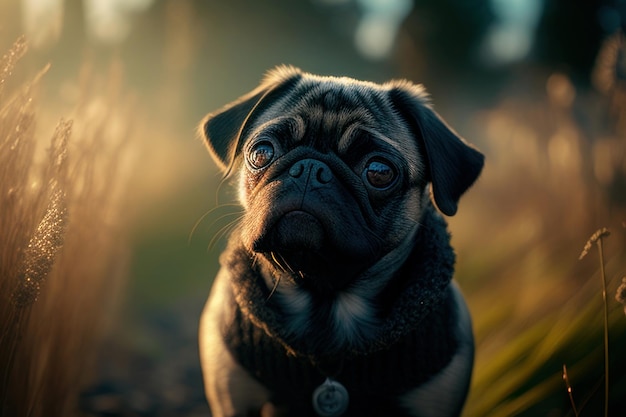 pug on a sunny day in the field