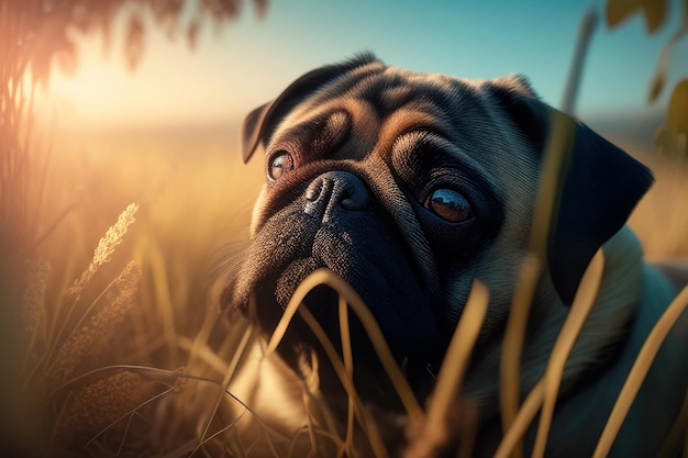 pug on a sunny day in the field