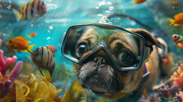 Photo pug underwater with goggles among colorful fish