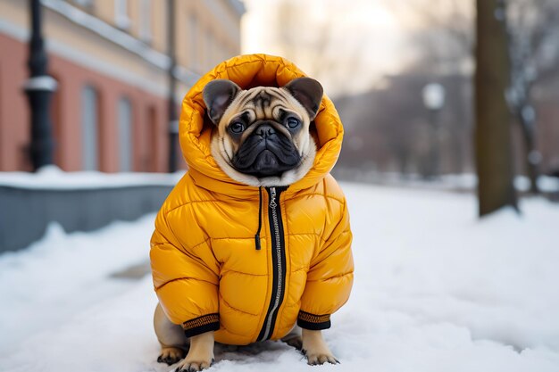 Pug in a warm orange jacket with a hood poses on a city street in winter Horizontal photo