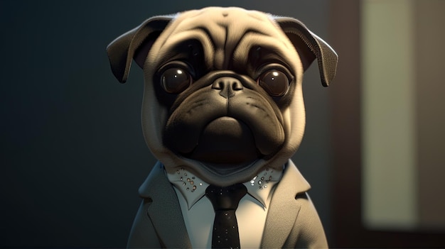 Pug wearing suit digital art illustration Generative AI