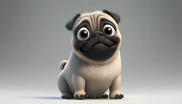 A pug with a funny face is sitting on a gray background