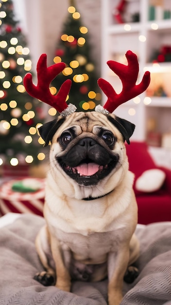 Pug with red deer antlers happy dog christmas pug dog christmas mood a dog in the apartment