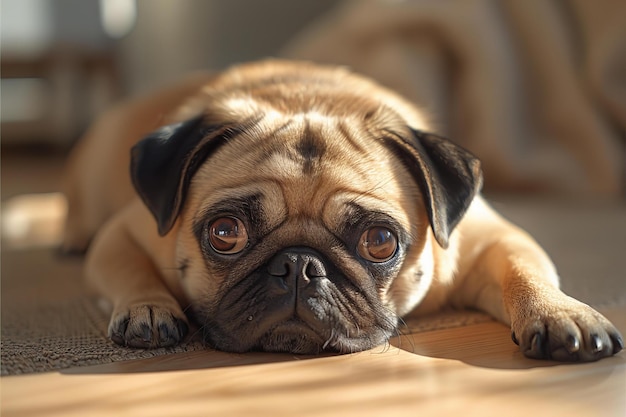 A pug with a very sad face laying on the floor high quality high resolution