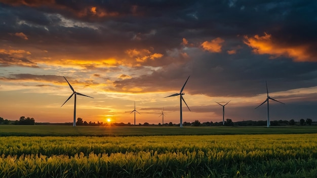 Puglia Italy Wind farm with rock ruins wind turbines and bales of hay at sunset