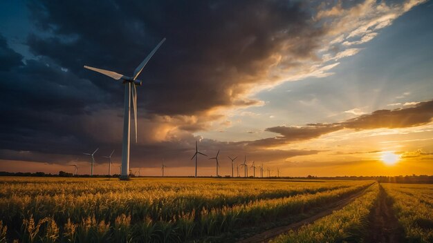 Puglia Italy Wind farm with rock ruins wind turbines and bales of hay at sunset