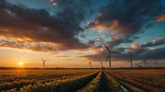 Puglia Italy Wind farm with rock ruins wind turbines and bales of hay at sunset