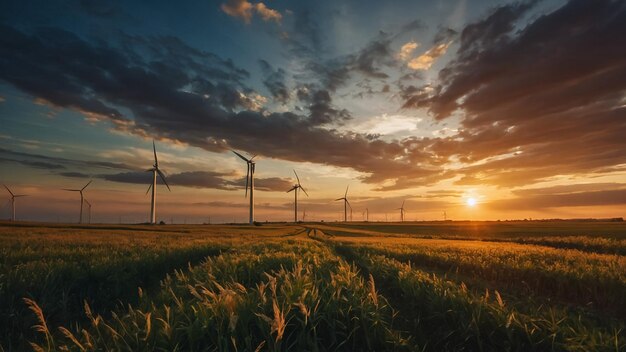 Puglia Italy Wind farm with rock ruins wind turbines and bales of hay at sunset