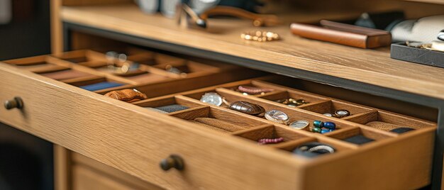 Pull open the wooden drawer with jewellery and accessories with your hand