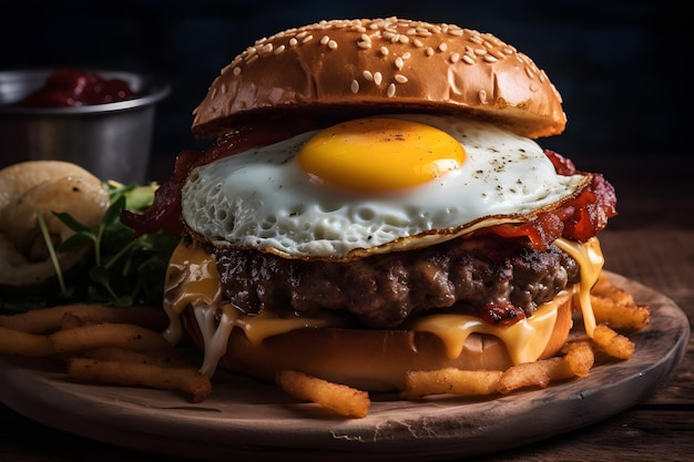 A pulled pork sandwich with fries on a wooden board