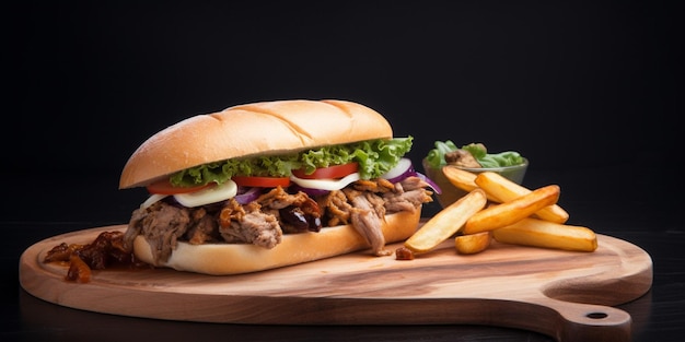 A pulled pork sandwich with fries on a wooden board