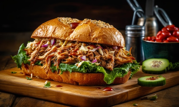 Pulled pork sandwich with lettuce and onions on cutting board Generative AI