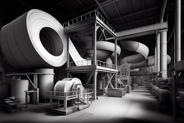 Pulp and paper factory with conveyor belt carrying rolls of paper created with generative ai