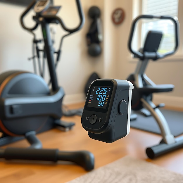 Pulse Oximeter with Fitness Equipment in Home Wellness Setup