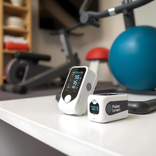 Pulse Oximeter with Fitness Equipment in Home Wellness Setup