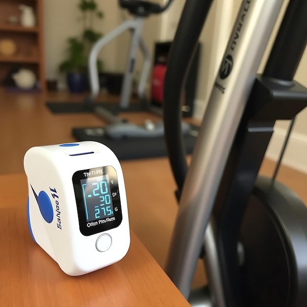 Pulse Oximeter with Fitness Equipment in Home Wellness Setup