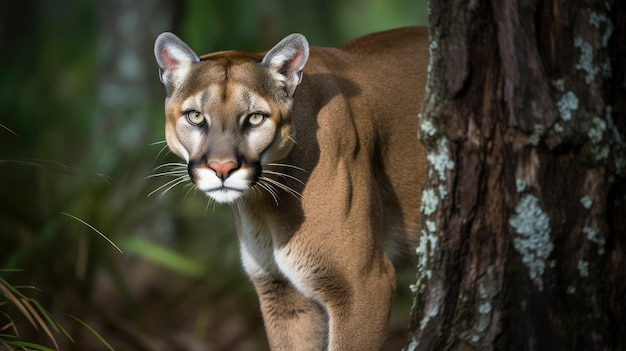 A puma in the jungle is walking in the jungle.