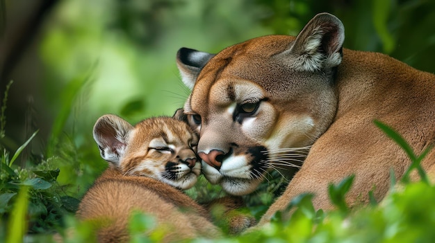 Photo puma mother and cub together