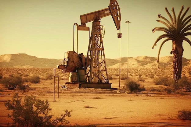 Pump oils drilling derricks in desert Energy crisis in world concept Oil production Generative AI