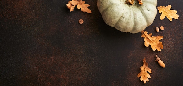 Pumpkin Autumn food background with cinnamon nuts and seasonal spices on brawn rustic background Cooking pumpkin or apple pie and cookies for Thanksgiving and autumn holidays Top view copy space