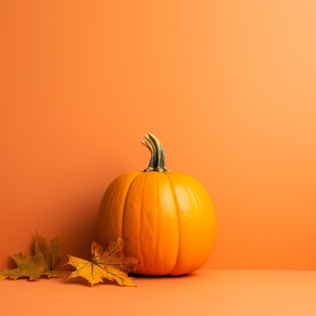 Pumpkin and autumn leaves on orange background Halloween concept