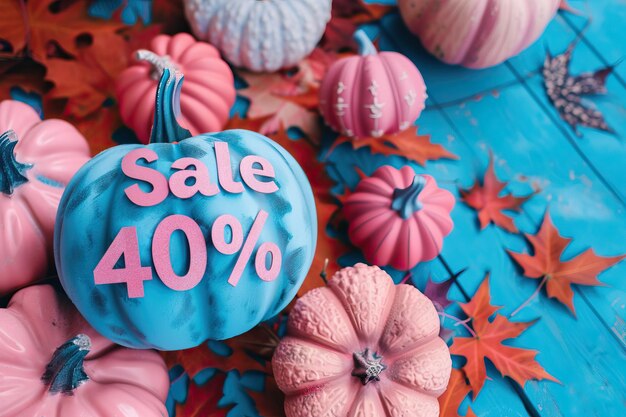 Photo pumpkin birthday cake with sweet flower decoration perfect for halloween pink and blue colors dominate on sale now 40 off