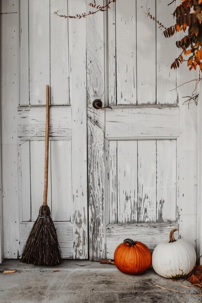 Photo a pumpkin and a broom are next to a broom and a broom