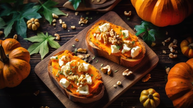 Pumpkin bruschetta with feta cheese and walnuts on wooden background Generative AI