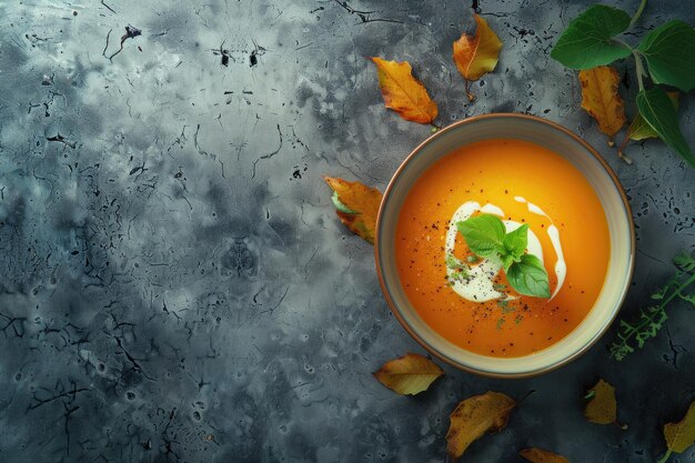 Photo pumpkin and carrot soup with cream on grey stone background close up top view