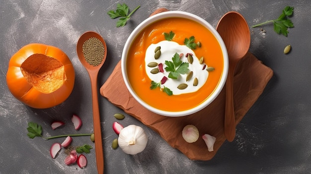 Pumpkin and carrot soup with cream on grey stone background