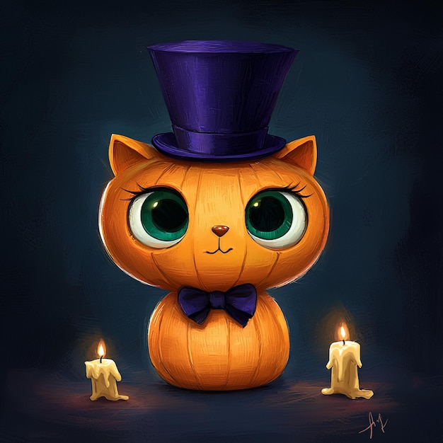 Photo pumpkin cat in top hat with candles