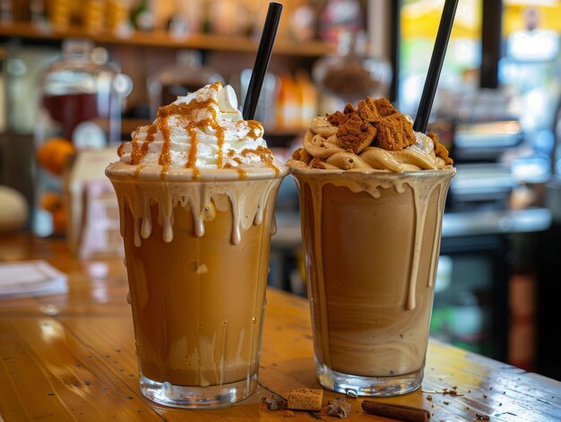 Pumpkin Chai and Pumpkin Spice Smoothies in glass