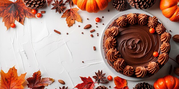 Photo pumpkin chocolate cake kept on a clean white backdrop with a white background for text or product a top view and close shot generative ai