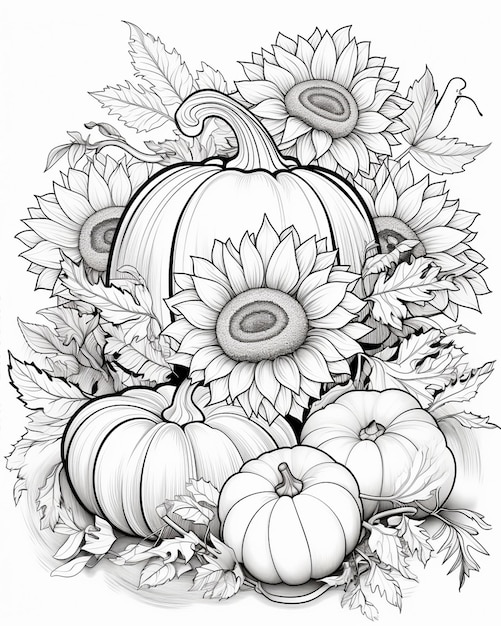 Photo pumpkin coloring page with sunflowers