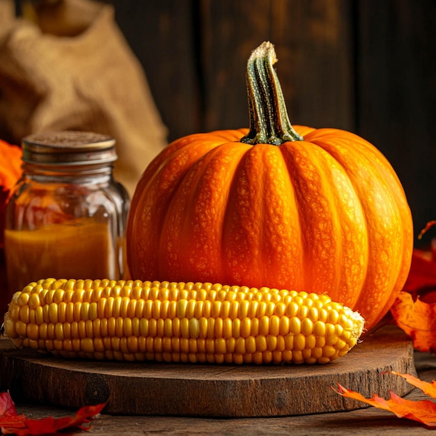 a pumpkin and corn are on a wooden tray with a corn on the cob