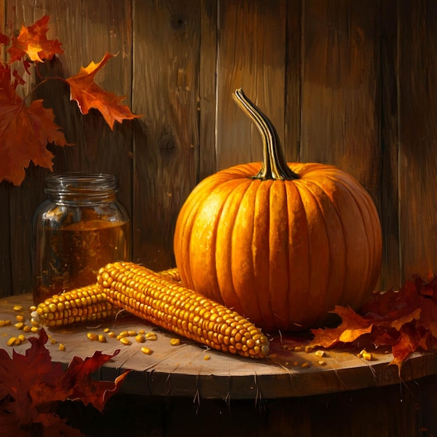 a pumpkin and corn on a table with a jar of honey in the background