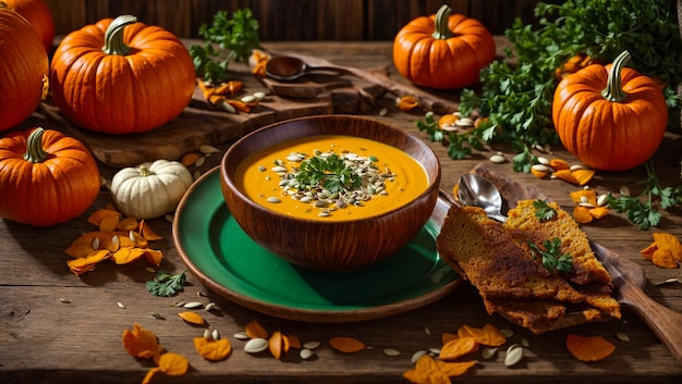 Pumpkin cream soup on an old background pumpkin seeds parsley sprig