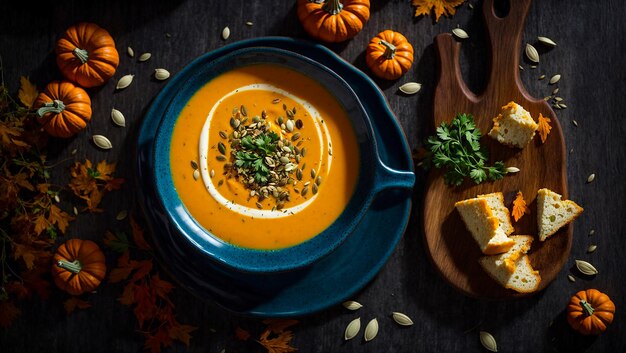 Pumpkin cream soup on an old background pumpkin seeds parsley sprig