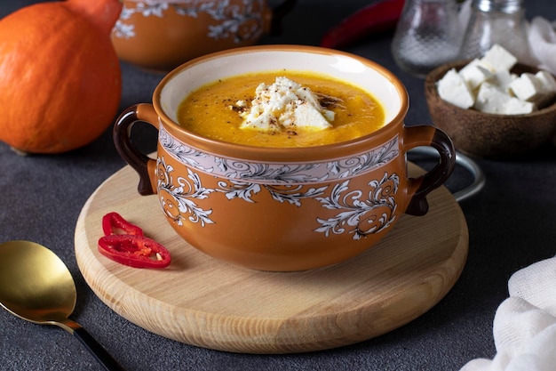 Pumpkin cream soup with feta cheese in brown bowl on wooden board Closeup