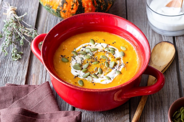 Pumpkin cream soup with seeds Healthy eating Vegetarian food Diet