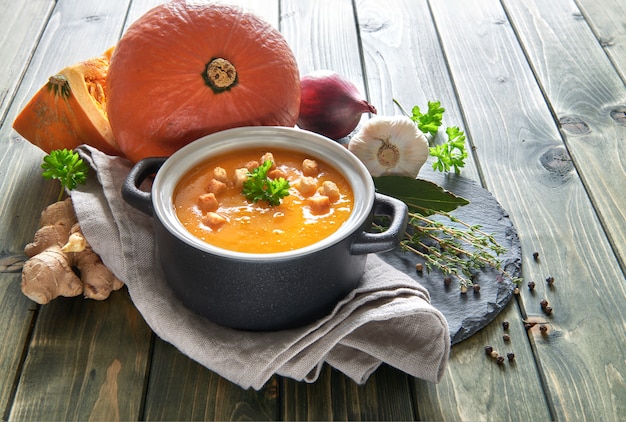 Pumpkin creme soup with garlic, red onion and ginger.