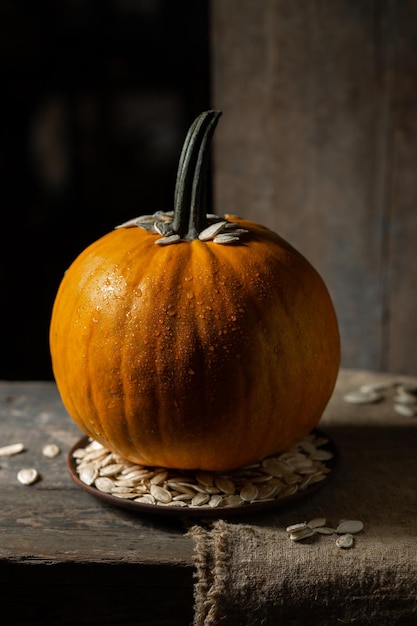 Pumpkin in drops of water in a plate with pumpkin seeds on a wooden table