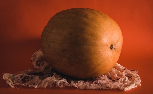 Pumpkin on fabric with blood. Halloween. Selective focus. Copy sapce.