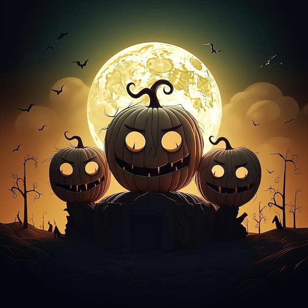 pumpkin faces in front of the sky background on full moon in the style of graphic design poster art