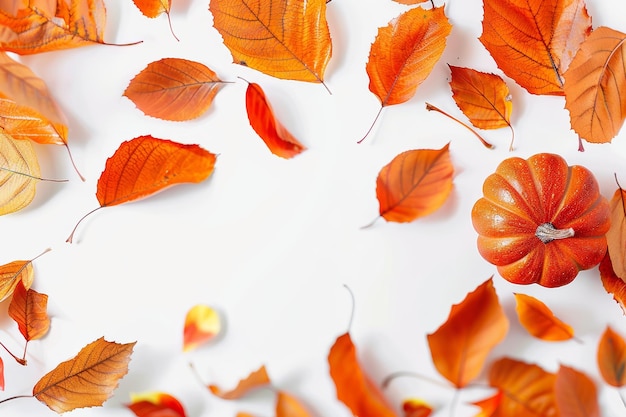 Pumpkin and fall leaves on a white background