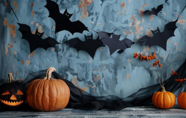 pumpkin garland and paper bats Halloween celebration concept copy space