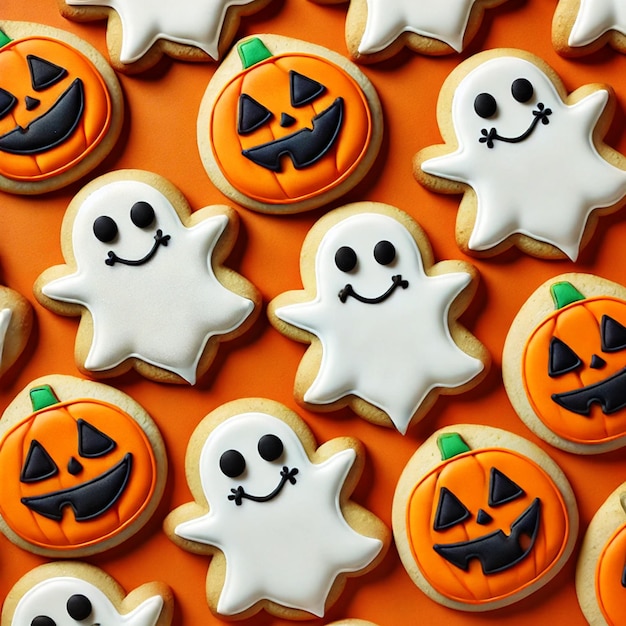 Pumpkin and ghostshaped cookies on an orange background